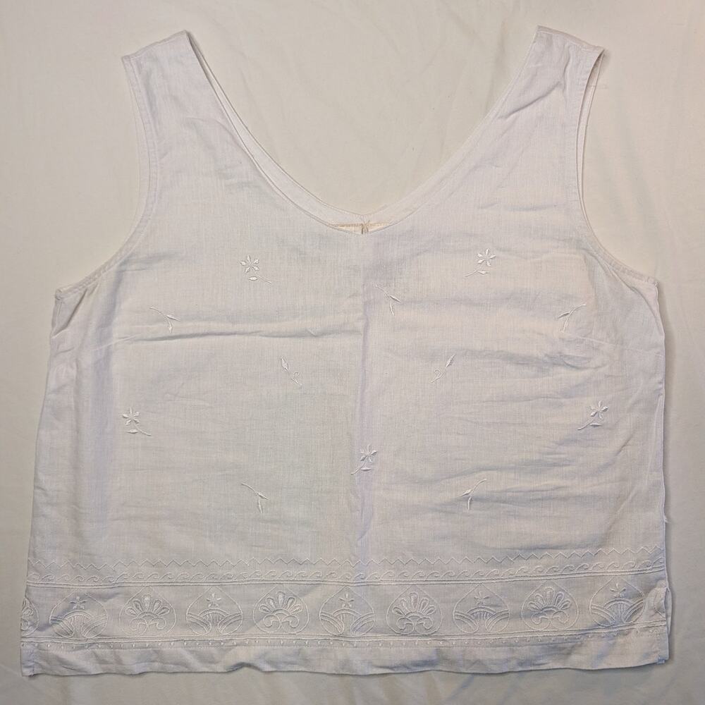 Vintage 90s Embroidered Linen Blend Tank Top Shirt Blouse M White Cottage Sweet